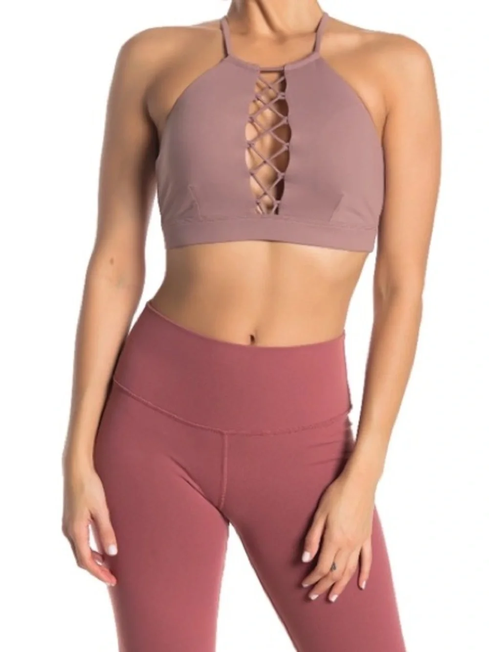 Alo Yoga Starlet Lace-Up Bra in Smoky Quartz, Size Small